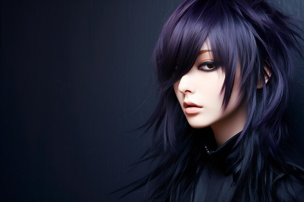 Fashion portrait of young woman with purple hair on black background