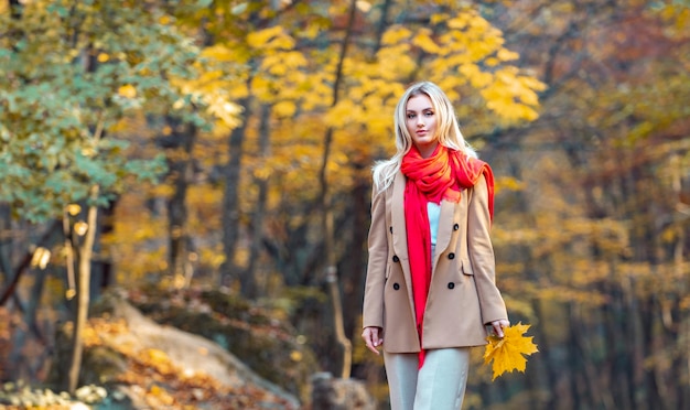 Modello di moda donna graziosa in posa su sfondo di foglie gialle