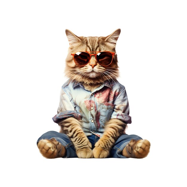 Fashion red tabby cat wearing round pink sunglasses and summer shirt