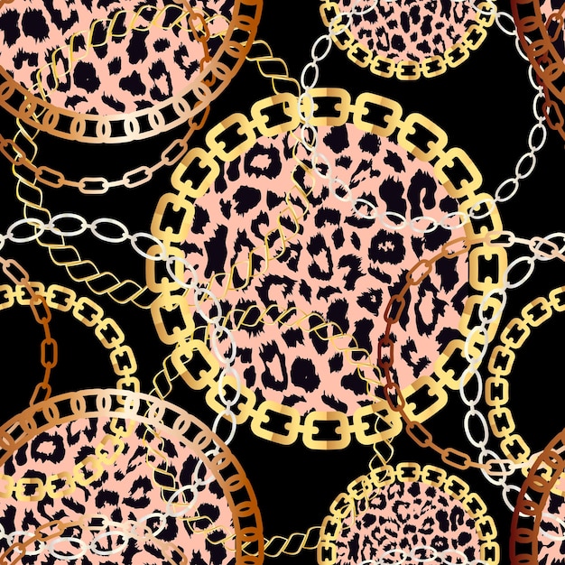 Fashion Seamless Pattern with Golden Chains and leopard print Fabric Design Background with Chain