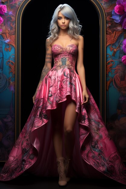 Fashion shot of a beautiful blonde woman in a long pink dress