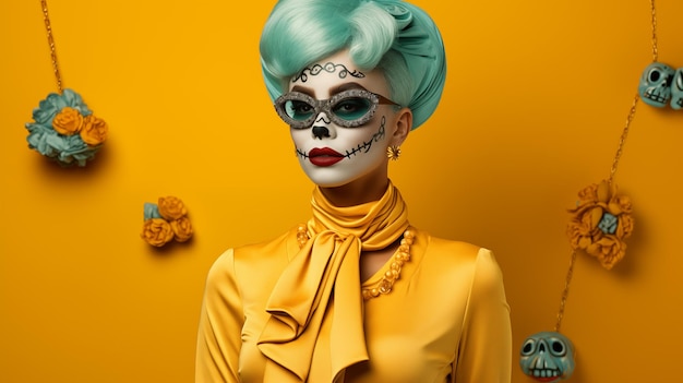 Fashion shot of a beautiful woman with sugar skull makeup and green hair