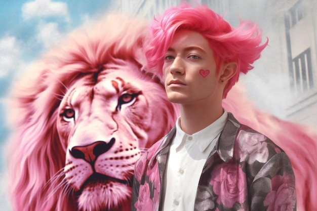 Fashion shot of a beautiful young woman with pink hair and a lion