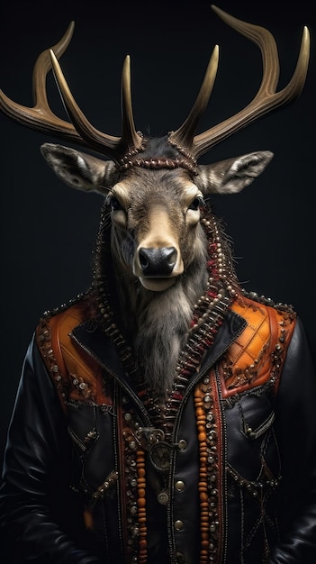 Fashion shot of a wild deer wearing a leather jacket