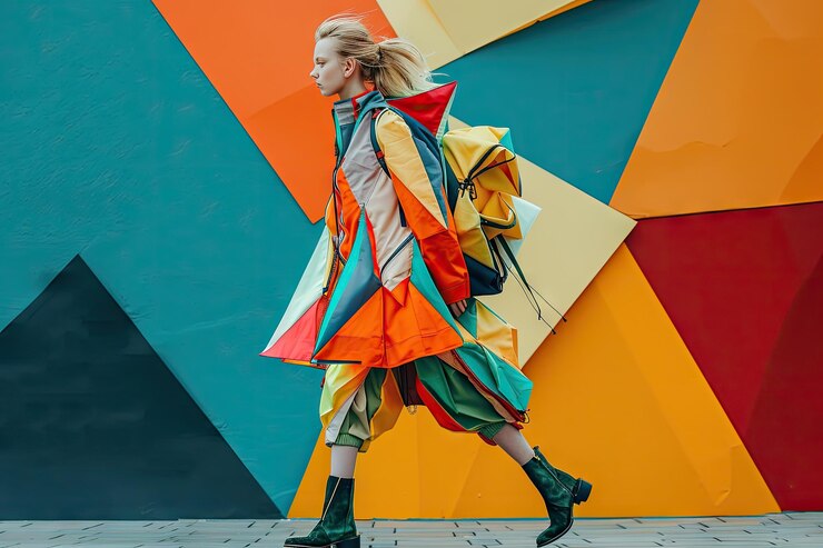 Photo fashion show new collection demonstration unusual clothes bright outfit uncomfortable