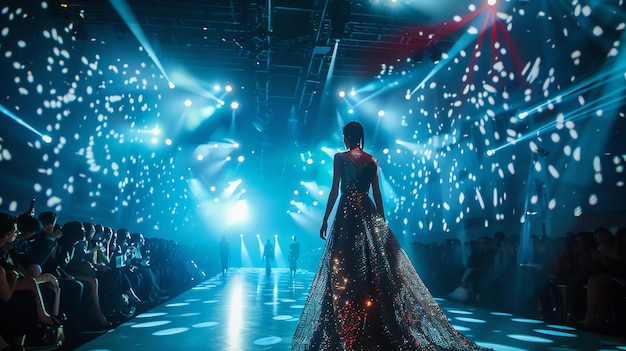 Photo fashion show runway model in a long dress with a shiny pattern bright lights and spotlights