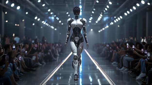 fashion show on a sleek catwalk where female AI robots as fashion Model