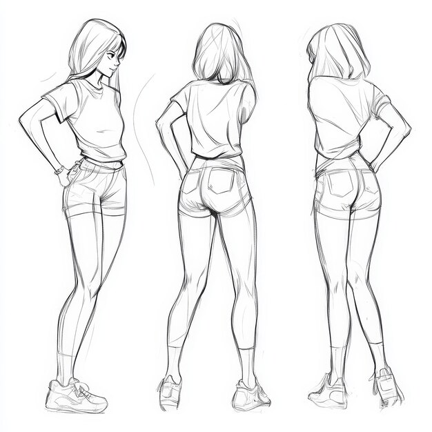Photo fashion sketch of a beautiful young woman in shorts vector illustration