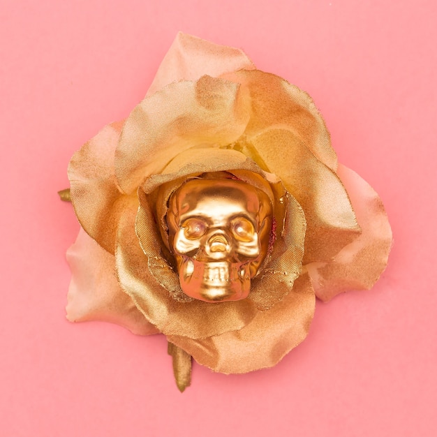 Fashion skull and rose. Flat lay minimal art