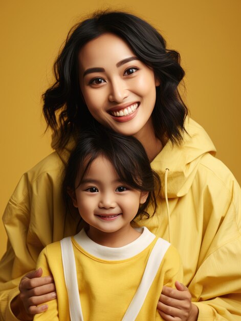 Fashion smiling mother holding her kid on solid color background love concept