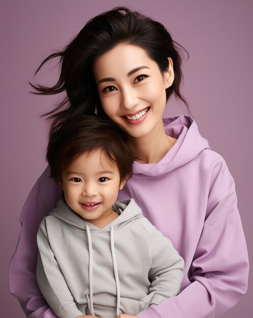 Fashion smiling mother holding her kid on solid color background love concept