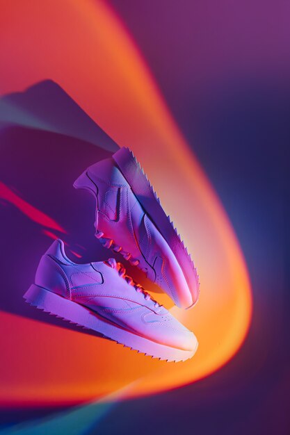 Fashion  sneakers on vivid abstract background. Sport shoes in neon light. Violet and orange gradient.