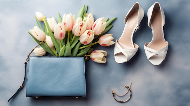 봄의 패션 옷 블루 진즈와 꽃받침
