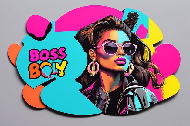 Photo fashion sticker design bold neon colorful artistic simple design black and white boss girl and boss boy