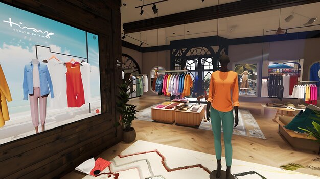 A fashion store with a large digital display wooden walls and a variety of clothing on display