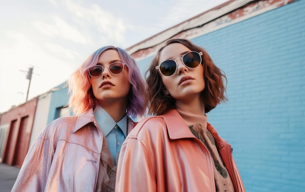 Fashion straatportretfoto van twee jonge vrouwen die pastelkleurige kleding dragen