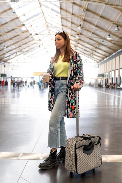 Photo fashion student waiting for the train at the station