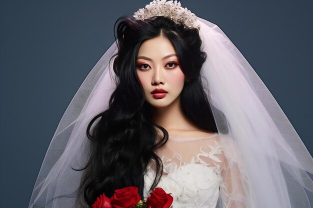 Photo fashion studio photo of gorgeous bride with dark hair in luxurious wedding dress and veil