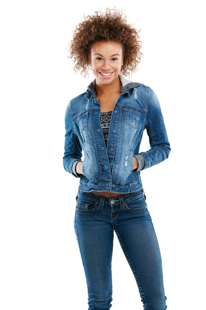 Fashion studio and portrait of black woman in denim isolated on a white background Makeup aesthetics and young happy and cool female model from Brazil with designer stylish and trendy clothing