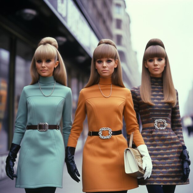 Fashion style of 1960s 1970s years seventies sixties elegance pretty cute beautiful retro pop smiling dress glamour back in past nostalgia cool funny