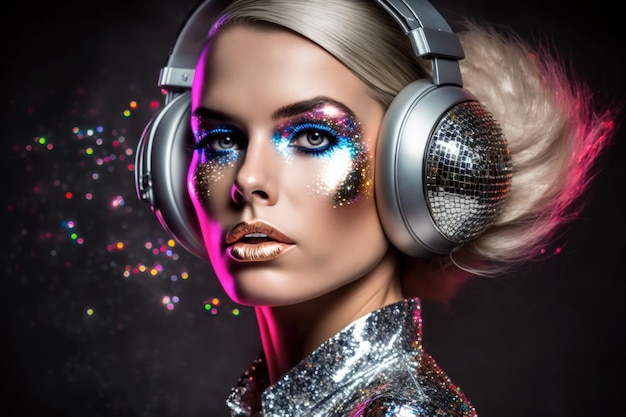 Fashion style disco girl with big headphones on blurred background Generative AI