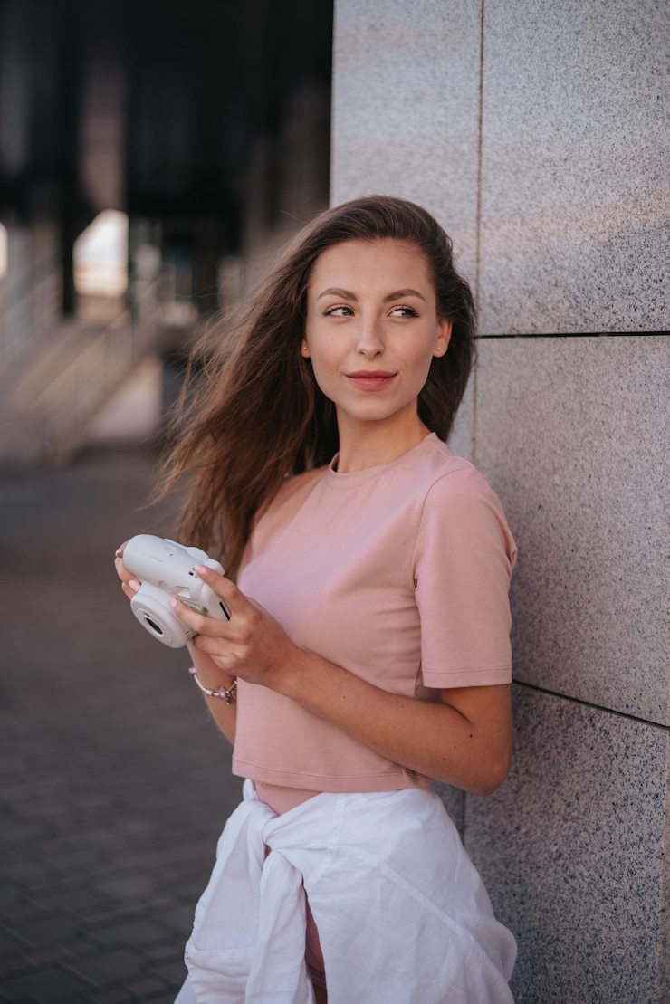 Фотография модное лето и концепция людей довольно крутая девушка в солнцезащитных очках с ретро-камерой, развлекающаяся на фоне красочной красной стены
