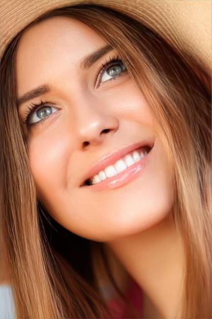 Foto moda viaggio e bellezza viso ritratto di giovane donna modello sorridente felice che indossa il cappello da sole spiaggia in accessorio e stile testa estate