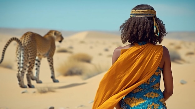 Fashion tribal woman in turban and wild animals in desert