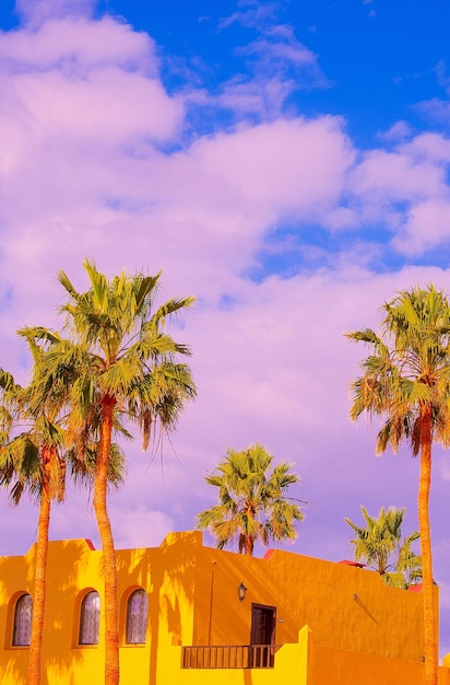 Fashion tropical minimal location. Yellow Hotel, Palm. Summer blue sky. Canary islands. Travel aesthetics wallpaper