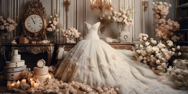 Fashion wedding dress Background with vintage decor and accessories