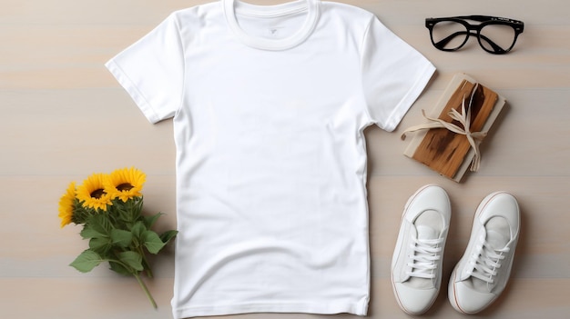 Fashion white tshirt on a white gray wooden background ai generated