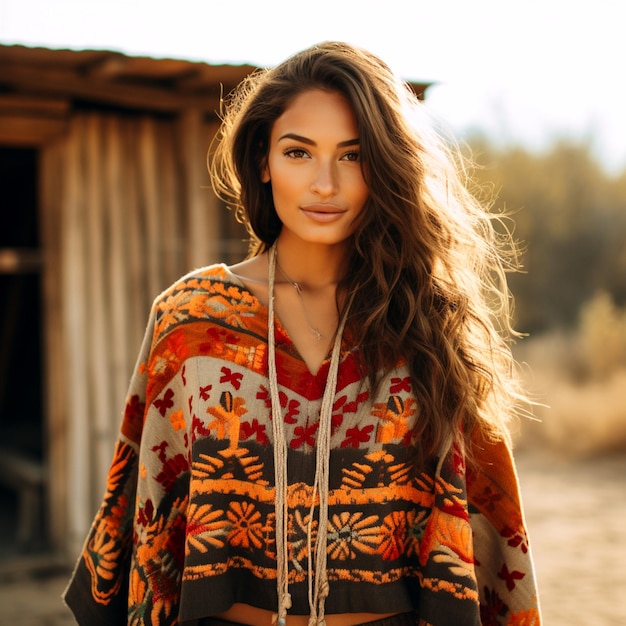 Fashion with Tradition Mexican Embroidered Poncho on Stylish Woman