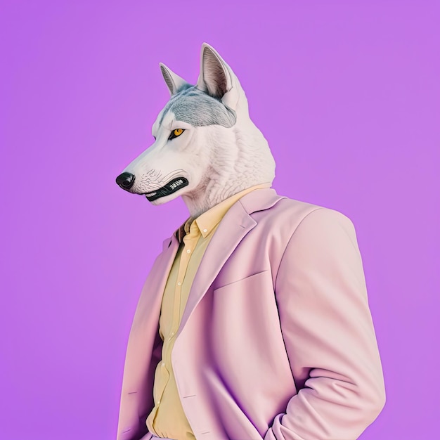 Fashion wolf in suit Purple monochrome portrait Generative AI