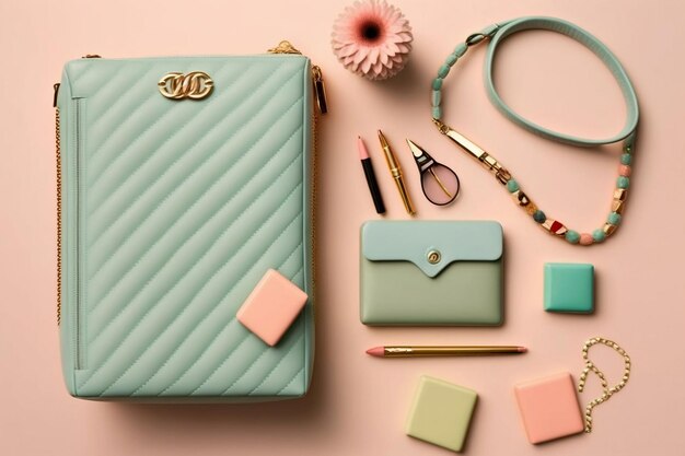 Fashion woman accessories on pastel background Stylish hand bag cosmetics jewelry and notebook