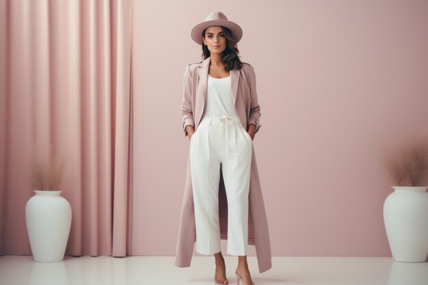 Photo fashion woman in beige and pink colors