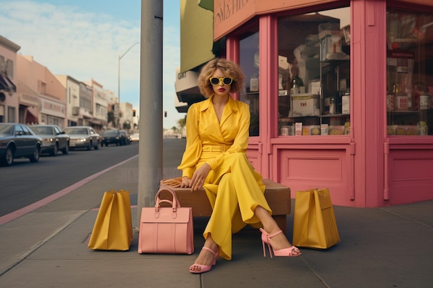 A fashion woman in dress on a sidewalk