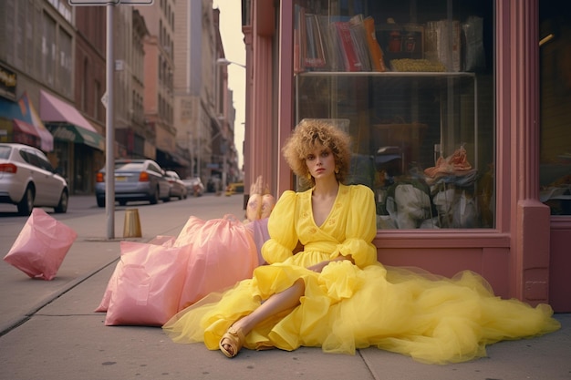 Foto una donna alla moda in abito su un marciapiede