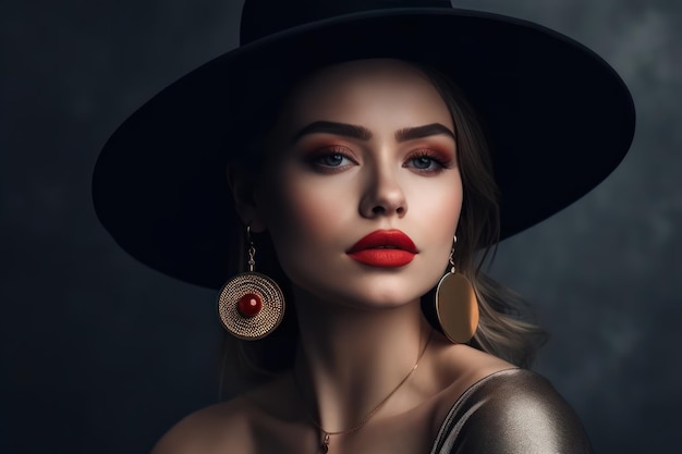 赤い唇と帽子をかぶったファッション女性はメイクアップし、金色のイヤリングの美しさのモデルの顔を広く隠しています