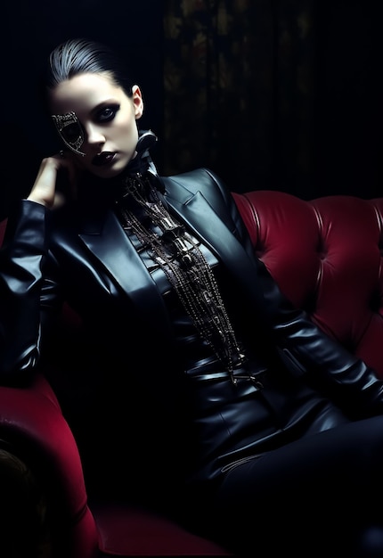 ロイヤル・レッドのソファーに座っている正式な黒皮のスーツを着たファッションモデル