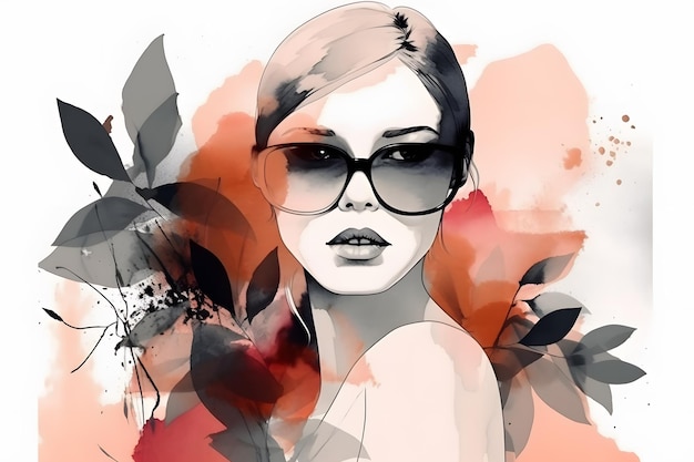 Fashion woman portrait with plant minimalist contemporary art collage watercolor splash illustration Generative Ai