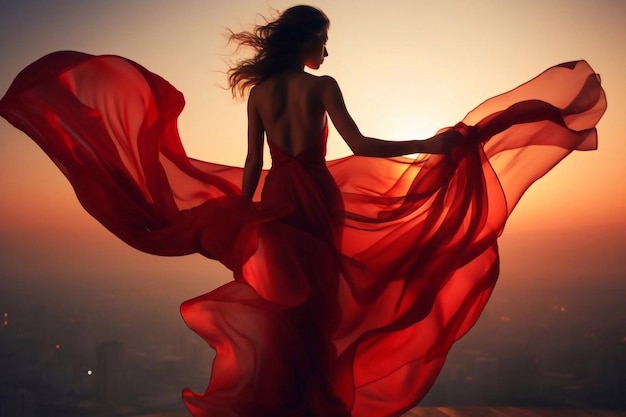 Foto fashion woman in red fluttering dress back side rear view glamour model dancing with long silk fabr