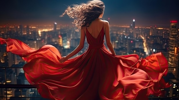 Fashion Woman in Red Fluttering Dress Back Side Rear View Glamour Model dancing with Long Silk Fabric flying on Wind over Night Sky City Light Landscape