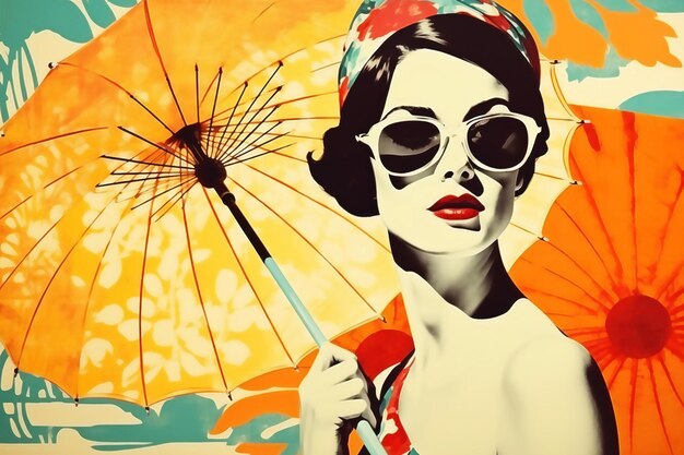 Fashion woman retro style travel collage pop art post processed ai generated image