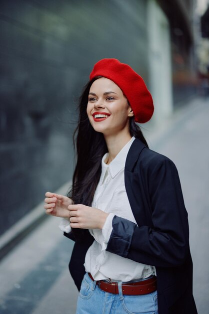사진 패션 여성은 붉은 입술이 좁은 도시 거리를 걷고 있는 세련된 옷을 입고 세련된 옷을 입은 치아 초상화와 미소를 짓고 있다.