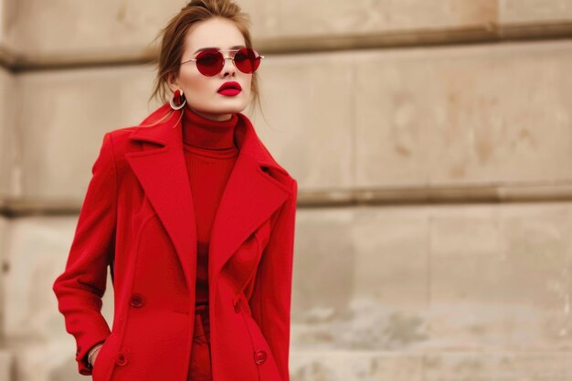 Модная женщина в модном красном наряде, полный красный вид, солнцезащитные очки, красный пальто, брюки с полонеком.
