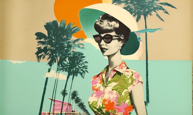 Fashion woman wearing 60s retro style dress and sunglasses Travel vacation Generative AI