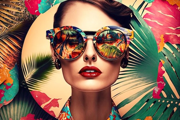 Fashion woman wearing amazing sunglasses Colorful tropical flowers and leaves Summer vibes