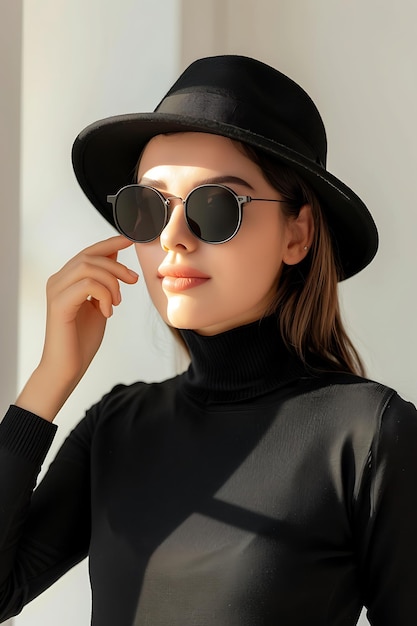 Fashion woman wearing a black round hat fashion portrait of glamour young lady