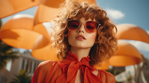 fashion woman wearing trendy red sunglasses 60s professional photography Generative Ai