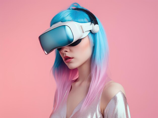 Fashion woman wearing vr glasses with blue and pink hair generative ai